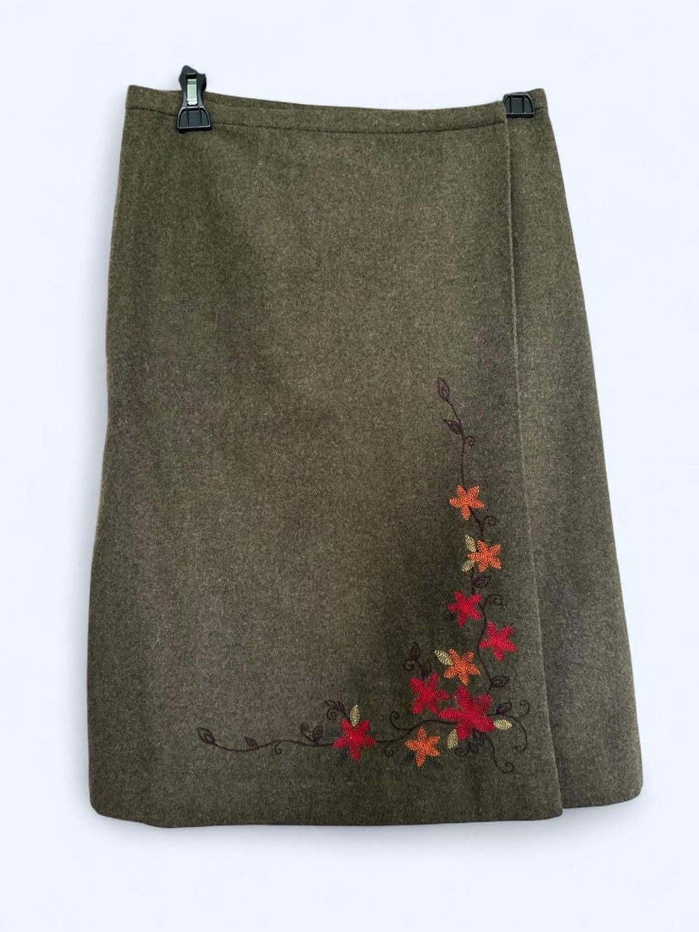 Vintage Ann Taylor Olive Green Wrap Pencil Skirt with Embroidered Flowers Size 4